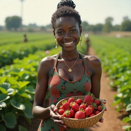 Strawberry harvest, afro woman on the field, female modern farmerの素材