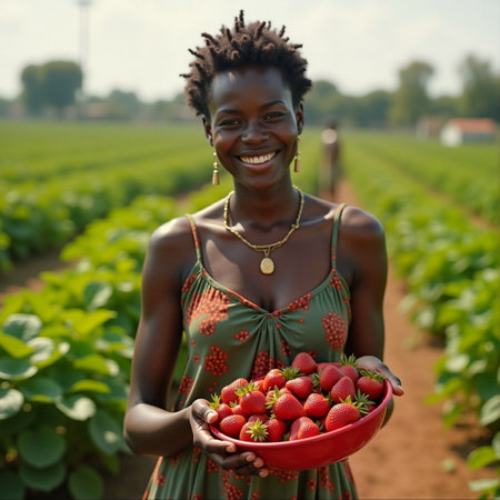 Strawberry harvest, afro woman on the field, female modern farmerの素材