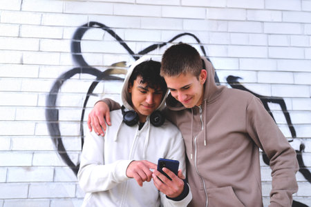 One latin american teenager showing something on smartphone to caucasian boy, technology concept and...