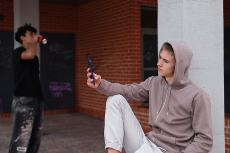 Two teenage boys outside annoyed with smartpphones, diversity, communication problem concept