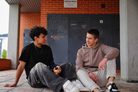 Two teenage student boys outside, sitting and laughing, friendship concept