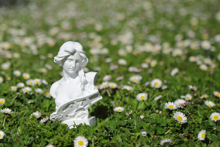 A detailed white marble bust of a classical woman with flowing hair, holding a lyre, set against a soft focus background of green grass and white daisiesの写真素材