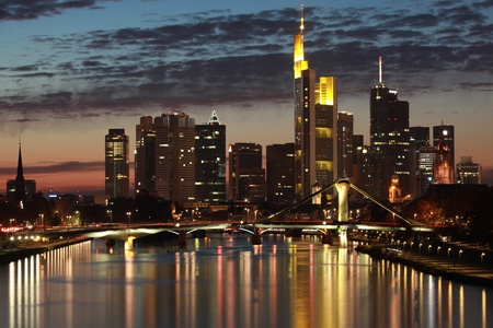 Skyline of the German financial center Frankfurt in the eveningのeditorial素材