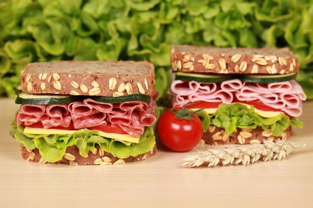 Fresh sandwiches with salami and ham served with cheese and lettuce on a wooden tableの写真素材
