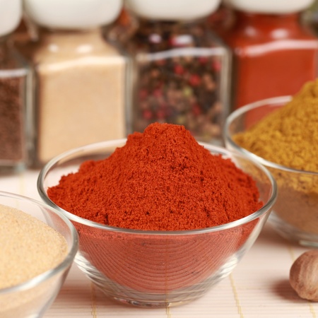 Various exotic spices in bowls. Selective focus on the paprika powder.の写真素材