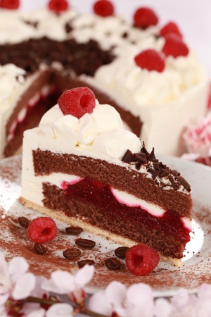 A slice of a cream tart topped with raspberriesの写真素材