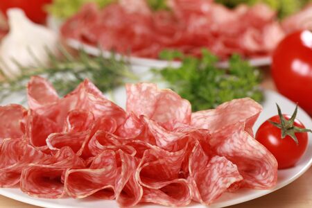 Original Salami from Italy cut in slices served with garlic and tomatoesの写真素材
