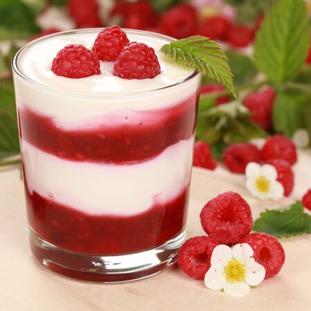 Fresh Yogurt in a jar with Raspberries, leaves and blossomsの写真素材