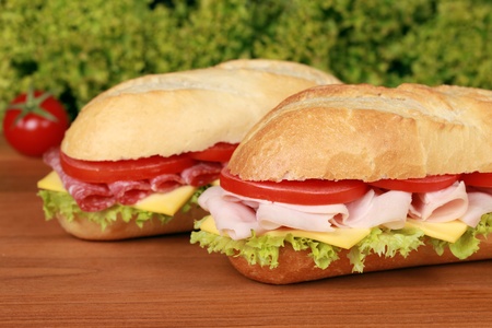 Fresh sandwiches with cheese, tomatoes, ham and salamiの写真素材