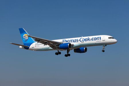 Lanzarote Island, Spain - October 9, 2011: A Thomas Cook Airlines Boeing 757-200 with the registration G-FCLD approaches Lanzarote Airport (ACE) in Spain. Thomas Cook Airlines is a British charter airline based in Manchester. It was founded in 1999 and opのeditorial素材