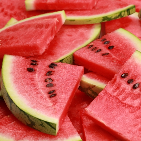 Close-up of fresh slices of red watermelonの写真素材