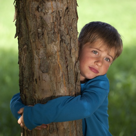 Little boy embracing a tree in a parkの写真素材