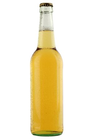 Beer bottle with waterdrops isolated on white backgroundの写真素材