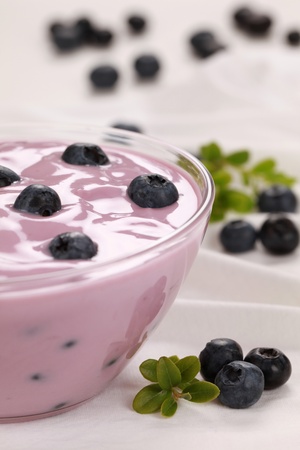 Bilberry yogurt in a glass bowl served with fresh bilberriesの写真素材