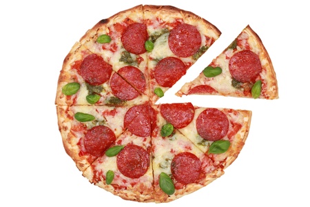 Sliced Pepperoni Pizza isolated on white backgroundの写真素材