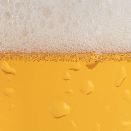 Beer in a glass with condensation and froth forming a background