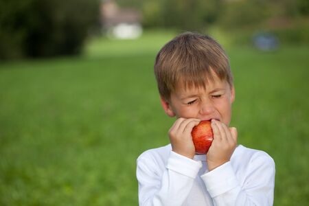 Child eats an apple on a meadow. Shallow depth of field.の写真素材