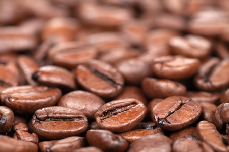 Macro shot of coffee beans with shallow depth of field and plenty of copy spaceの写真素材