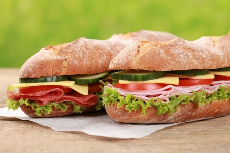 Baguettes with pepperoni, ham, cheese, tomatoes, lettuce and cucumberの写真素材