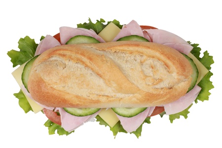 Top view of a sandwich with ham, cheese, tomatoes, lettuce and cucumberの写真素材