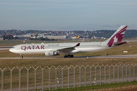 Stuttgart, Germany - October 5, 2012: A Qatar Airways Airbus A330-300 with the registration A7-AED taxis at Stuttgart airport (STR). のeditorial素材