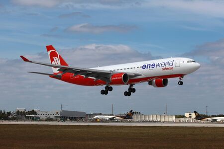 Miami, Florida - March 17, 2013: An Air Berlin Airbus A330 with the registration D-ABXA on approach to Miami International Airport (MIA) in Florida. Air Berlin is Germany's second largest airline with 155 planes and 33.3 million passengers in 2012. It is のeditorial素材