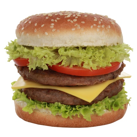 Double Cheeseburger with beef, tomatoes, lettuce and cheese, isolated on whiteの写真素材