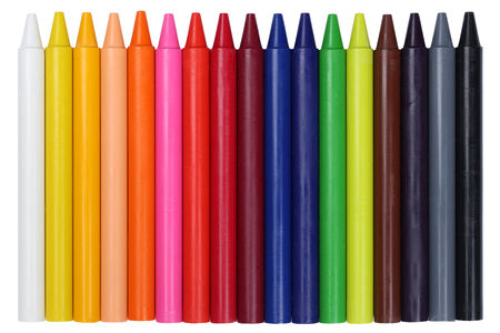 Crayons for children in a row, isolated on a white backgroundの写真素材