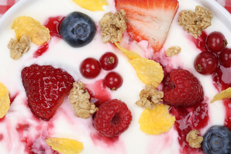 Fruit cereals yogurt with strawberries, red currants, raspberries and blueberries from aboveの写真素材