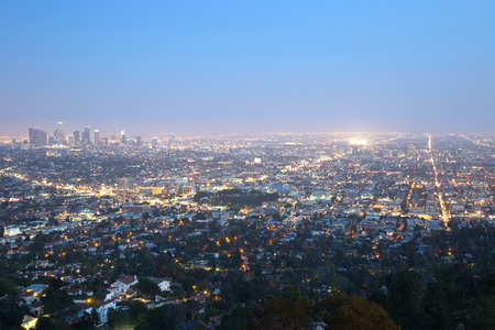 Los Angeles city skyline and downtown buildings at nightの写真素材