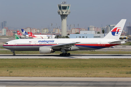 Istanbul, Turkey - May 28, 2014: A Malaysia Airlines Boeing 777-200 with the registration 9M-MRP takes off from Istanbul AtatÃ¼rk International Airport (IST) in Turkey. This aircraft is the sister airplane of the plane missing in the Indian Ocean with theのeditorial素材