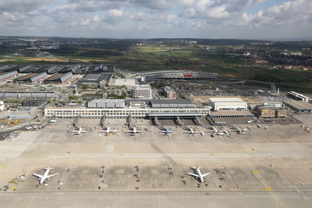 Stuttgart, Germany - April 9, 2014: Overview of Stuttgart Airport (STR) and the Stuttgart Fair in Germany. Stuttgart is the sixth busiest airport in Germany with 9.6 million passengers in 2013.のeditorial素材