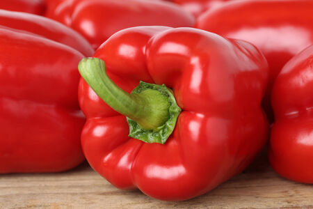Fresh red pepper or paprika vegetable with more paprikas in the backgroundの写真素材
