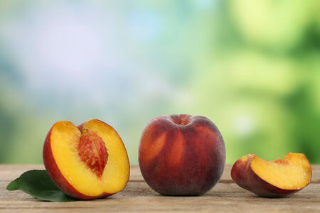 Fresh peaches fruits in summer with copyspaceの写真素材