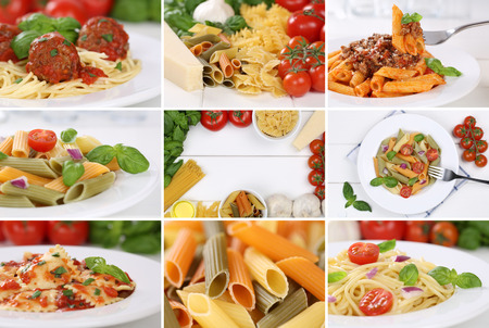 Collection of ingredients for a spaghetti pasta noodles meal with tomatoes and basilの写真素材
