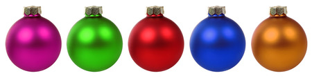Colorful Christmas balls baubles in a row isolated on a white backgroundの写真素材