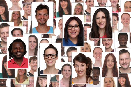 Background collage group portrait of multiracial young smile smiling peopleの写真素材