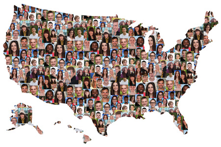 USA map multicultural group of young people integration diversity isolated USA map multicultural group of young people integration diversity isolated