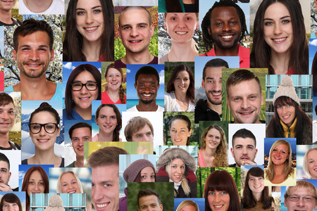 Background collage group portrait of multiracial young smile smiling people social mediaの写真素材