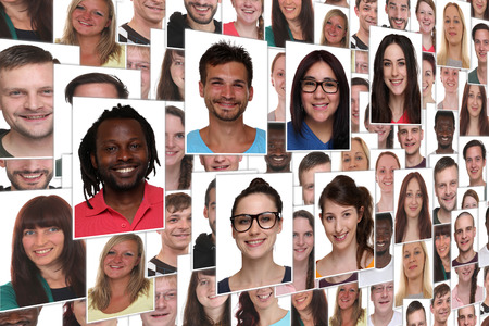 Background collage group portrait of young smile smiling people