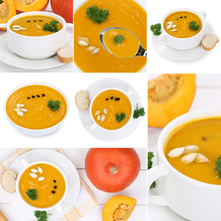 Collection of pumpkin soup soups meal with pumpkins in fall collageの写真素材