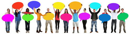 Group of happy young multi ethnic people holding empty speech bubbles with copyspaceの写真素材