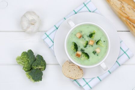 Fresh broccoli soup meal in a bowl from aboveの写真素材