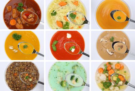 Collection of eating soups soup in cup tomato vegetable noodle on spoon from aboveの写真素材