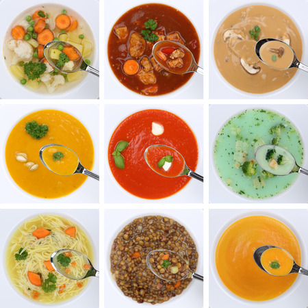 Collection of healthy eating soups soup in cup tomato vegetable noodle on spoon from aboveの写真素材