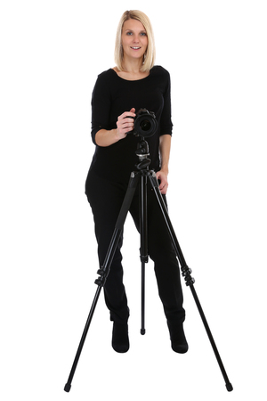 Photographer woman photography photos with camera occupation hobby full body isolated on a white backgroundの写真素材
