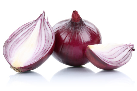 Red onion onions slice slices vegetable isolated on a white backgroundの写真素材