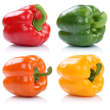 Collection of bell pepper peppers paprika paprikas vegetable isolated on a white backgroundの写真素材