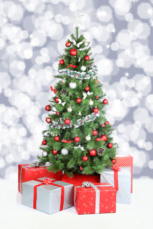 Christmas tree background banner snowing snow stars decorationの写真素材