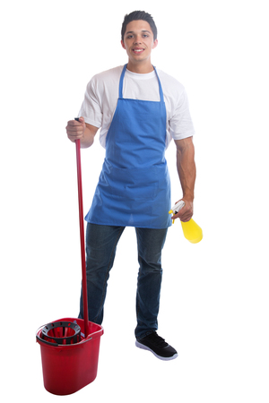 Cleaning person service cleaner man job occupation young full body portrait isolated on a white backgroundの写真素材